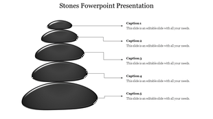 Slide featuring five black stones stacked by size, with arrows pointing to corresponding captions on the right.