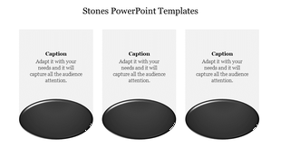 Stones PowerPoint templates featuring three black stone shapes with captions for content.