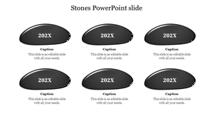 Six black oval stones labeled 202X arranged in two rows, each with a caption and placeholder text below in a grid layout.
