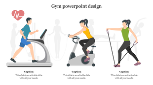 Three fitness figures in bright workout outfits using gym equipment, set on a white background with shadowed silhouettes.