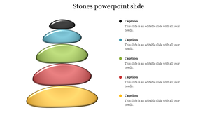 Slide featuring a colorful stacked stone diagram with captions for each layer in black, blue, green, red, and yellow.