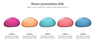 Stones in pink, orange, light blue, coral, and dark blue, each connected to corresponding caption areas.