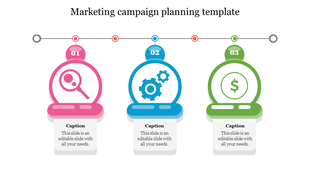 Three step marketing graphic with pink, blue, and green icons for search, settings, and money, each with captions below.