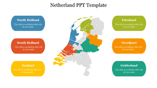 Netherlands map template with color coded regions and text sections for each province.