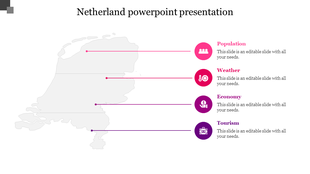 Netherlands map with four color-coded points, each connected to labeled placeholder text areas.