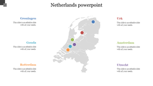 Grayscale Netherlands map with six colored dots in blue, red, green, purple, teal, and orange, linked to text on both sides.