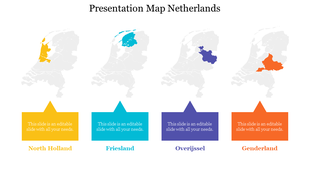 Four highlighted regions of the Netherlands map in yellow, blue, purple, and orange, each with corresponding captions.