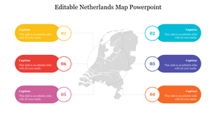 Gray outline map of the Netherlands centered with six colored caption boxes in yellow, teal, purple, orange, pink, and red.