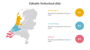 Netherlands map slide highlighting the North, Central, and Zealand regions with color coded sections and descriptions.