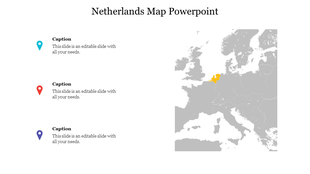 Netherlands map slide with blue, red, and purple location icons beside text boxes, and the country highlighted in yellow.