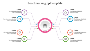 Benchmarking slide with a central icon representing analysis and six surrounding icons connected by lines with captions.
