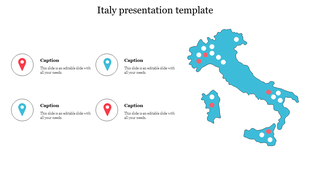 Italy map presentation template with location markers and caption sections for key points.