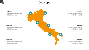 Minimalist Italy map design in orange, showcasing teal location pins and labeled captions areas.