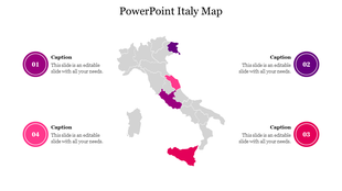 Gray map of Italy with four regions highlighted in pink and purple shades, surrounded by numbered circular icons.