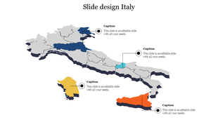 Italy slide design showing colored regions and pointers for captions, with mainland and island areas distinguished by color.