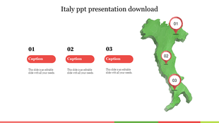 Isometric map of Italy in green with three highlighted points marked 01, 02, and 03, each linked to red caption blocks.