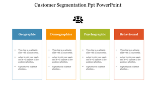 Customer segmentation slide displaying four categories from geographic to behavioral with placeholder text.