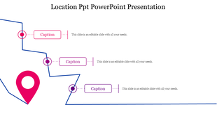 Location themed slide featuring a large pink map pin and a blue path connecting three dots with captions areas.