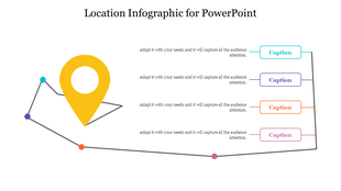 A large yellow location pin paired with a path of four connected dots in various colors and caption boxes on the right.
