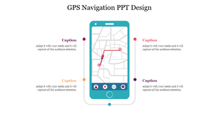 A smartphone illustration with a GPS navigation map and route displayed, surrounded by four colored placeholders text.