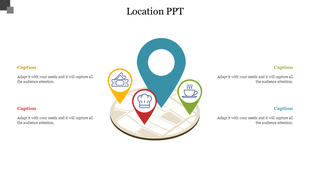 Location map with four color coded pins for categories like dining, coffee, tickets, and a central pin for general location.