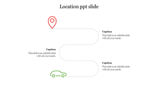 Location slide showing a winding gray dotted line from a red pin to a green car, with captions positioned along the path.