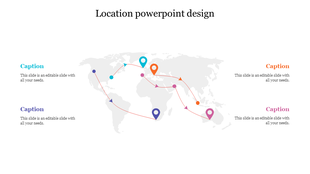 World map graphic with curved arrow paths connecting location pins and dots, with four text captions around the slide.