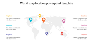 World map with colorful location markers in yellow, orange, red, blue, pink and purple, with captions on both sides