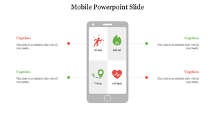 Illustration of a smartphone displaying four fitness metrics, in red and green icon, and captions connected by colored dots.