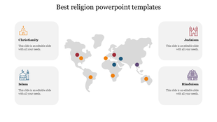 World map with colorful location markers, surrounded by four text boxes with religion icons in red, blue, purple, and orange.