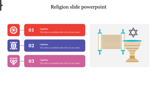 Religion slide with numbered blocks in red, blue, and pink, each with icons, linked to a scroll, chalice, and star.