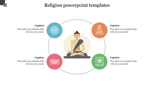 Religion PPT template with various colorful icons representing different religions, including Buddha and religious symbols.