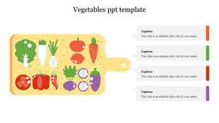 Wooden cutting board illustration with colorful vegetables and caption placeholders on the side.