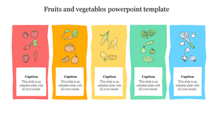 Colorful template showcasing fruits and vegetables, with icons in five vertical sections each placed with caption areas.