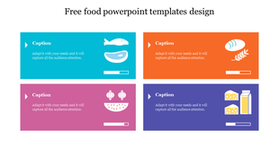 Food themed PPT template featuring fish, bread, vegetables, and cheese icons in a colorful text box on a white backdrop.