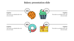 Bakery PowerPoint slide with a donut, cupcake, and cake images showing progress with captions on a white backdrop.
