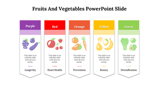 Colorful fruits and vegetables slide featuring categories from Purple to Green with placeholder text.