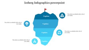 Blue iceberg infographic PPT slide with multiple sections, each with icons and text placeholders on a white backdrop.