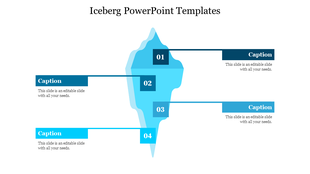 Iceberg design template with four sections on the left, numbered 1 to 4, each placed with a caption areas.