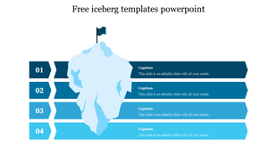 Blue themed iceberg diagram PowerPoint template with numbered sections and captions on a white backdrop.