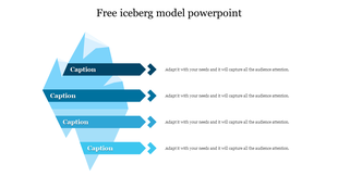 Iceberg graphic with blue tones, featuring four dark to light horizontal arrows pointing towards the right.