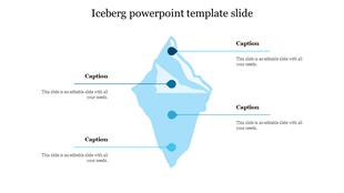 Blue themed iceberg PowerPoint template with captions to illustrate layered concepts on a white backdrop.