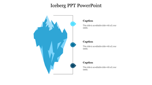 Blue themed iceberg PowerPoint template with three caption areas with layered sections on a white backdrop.