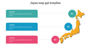 Colorful Japan map template with numbered points and caption boxes for detailed descriptions.