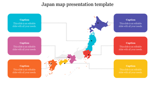 Slide with a multicolored Japan map in the center, surrounded by six caption boxes connected with dotted lines.