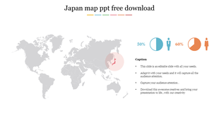 World map in gray with Japan highlighted in red and two circular infographics on the right for gender based data visuals.