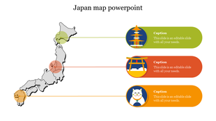 Gray Japan map with three circular highlighted areas connected to green, red, and orange captions featuring cultural icons.