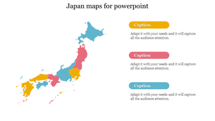 Color coded map of Japan with regions highlighted in yellow, pink, and blue alongside descriptive captions.