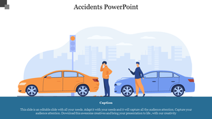 Accidents slide shows a traffic accident scenario with two cars and a traffic light, accompanied by a caption section.