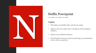 Slide with large red square and white letter n logo on the left, text section titled Netflix with bullet point captions.